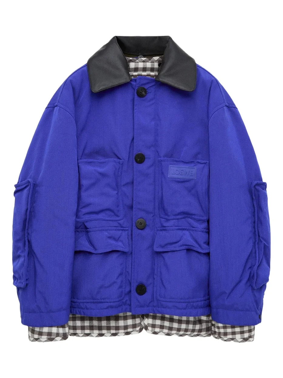 Loewe Men's Leather Collar Check-Lined Hooded Parka