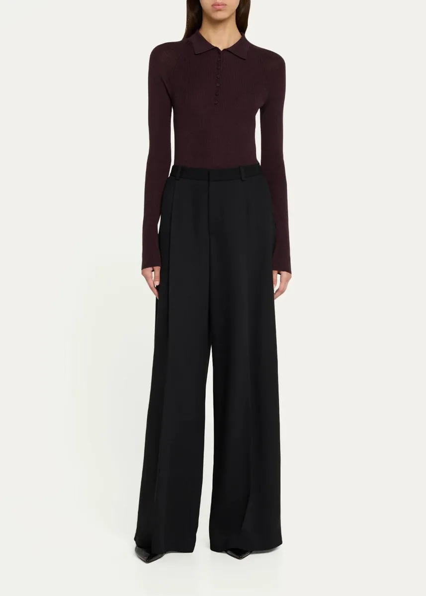 Vince Raglan-Sleeve Wool-Silk Rib Polo Sweater | Thumbnail 2