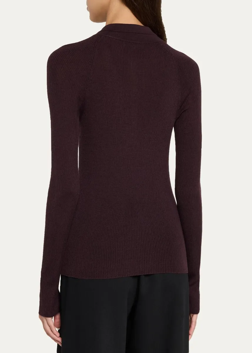 Vince Raglan-Sleeve Wool-Silk Rib Polo Sweater | Thumbnail 3