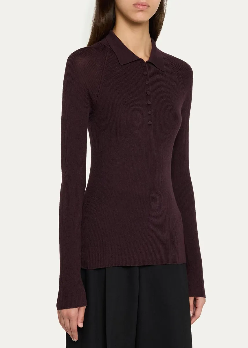 Vince Raglan-Sleeve Wool-Silk Rib Polo Sweater | Thumbnail 4
