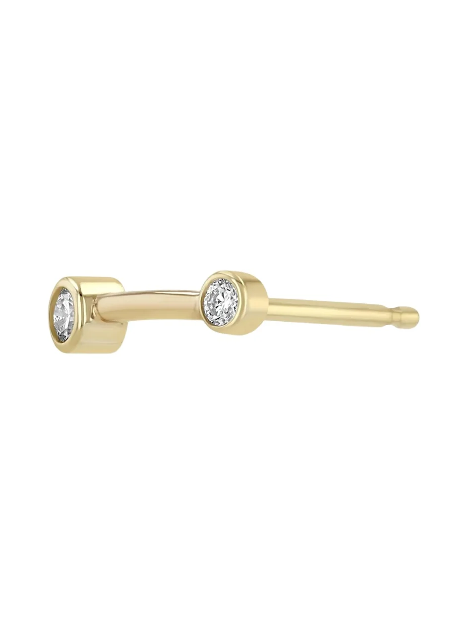 14K Short Barbell Stud Earring with Diamonds, Single 14K Short Barbell Stud Earring with Diamonds, Single