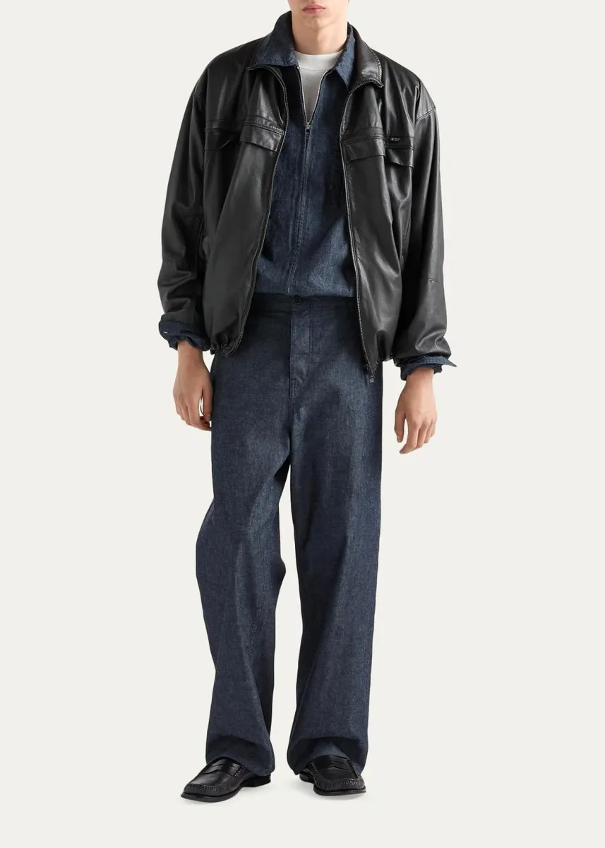 Prada Men's Washed Chambray Zip-Front Shirt | Thumbnail 2