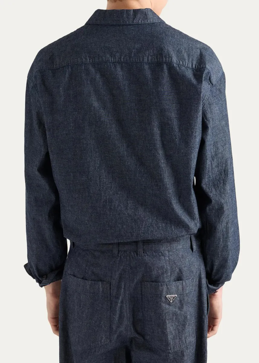 Prada Men's Washed Chambray Zip-Front Shirt | Thumbnail 3