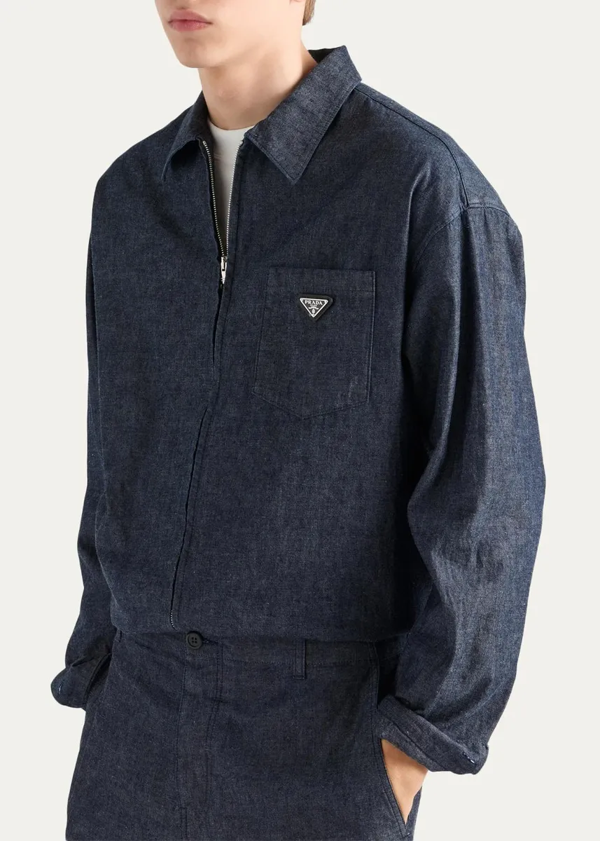 Prada Men's Washed Chambray Zip-Front Shirt | Thumbnail 4