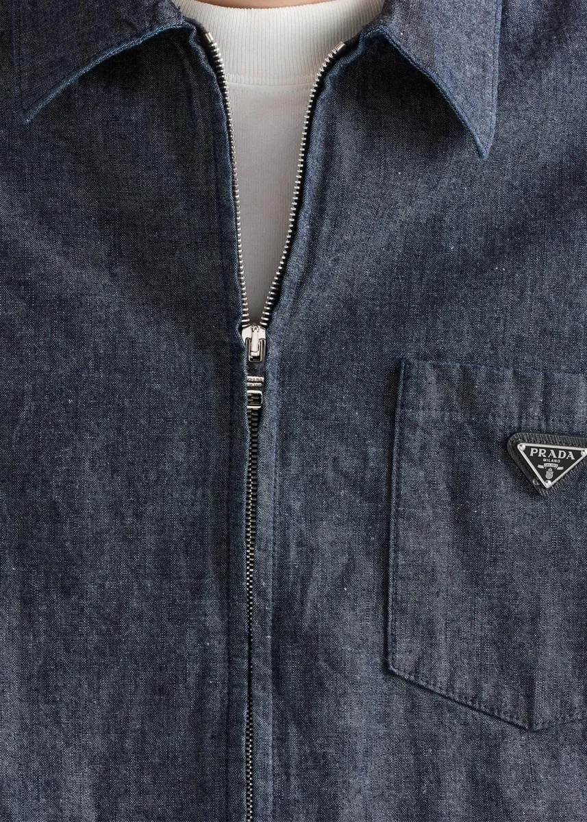 Prada Men's Washed Chambray Zip-Front Shirt | Thumbnail 5