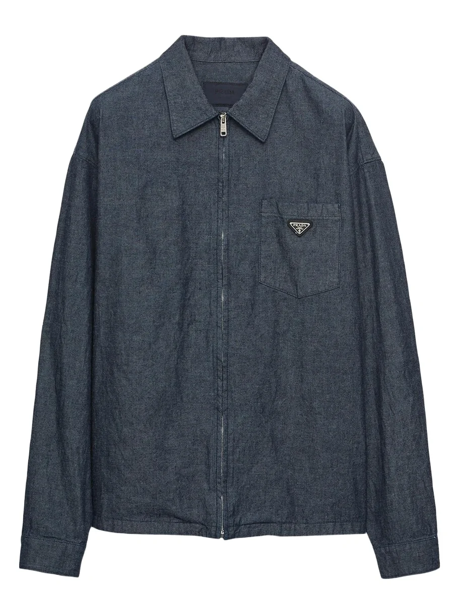 Prada Men's Washed Chambray Zip-Front Shirt