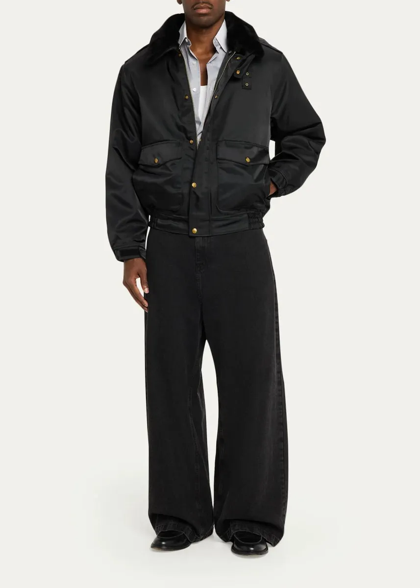 Willy Chavarria Faux-Fur Collar Shiny Nylon Uniform Bomber Jacket | Thumbnail 2 Willy Chavarria Faux-Fur Collar Shiny Nylon Uniform Bomber Jacket | Thumbnail 2