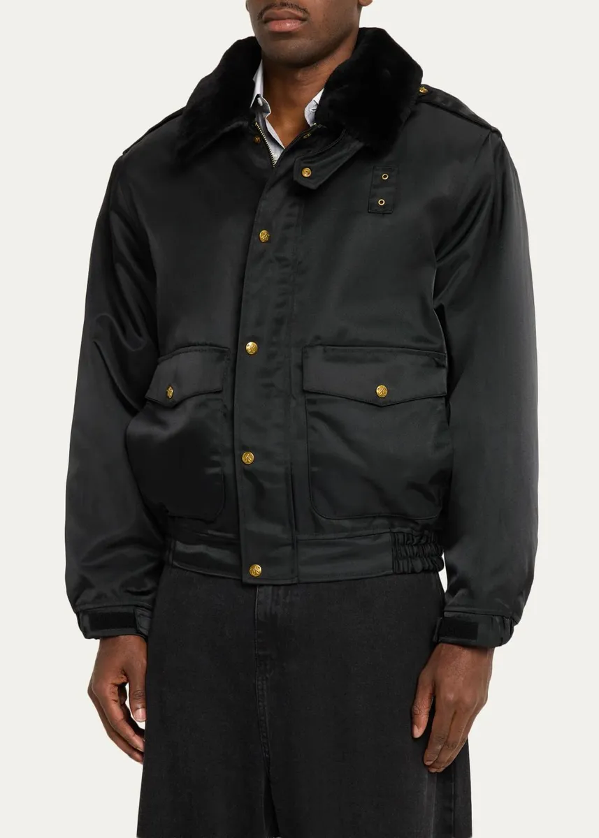 Willy Chavarria Faux-Fur Collar Shiny Nylon Uniform Bomber Jacket | Thumbnail 4 Willy Chavarria Faux-Fur Collar Shiny Nylon Uniform Bomber Jacket | Thumbnail 4