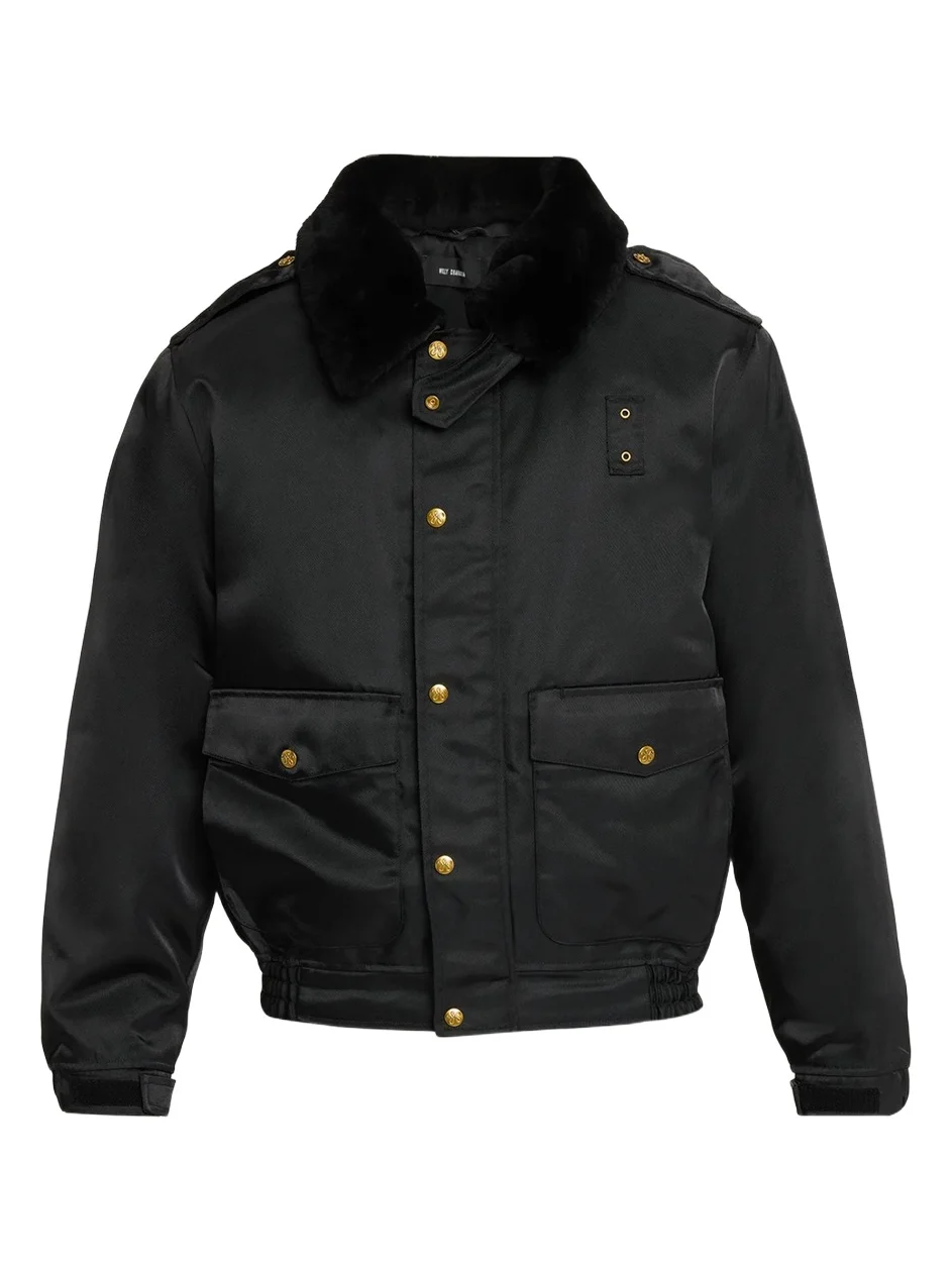 Willy Chavarria Faux-Fur Collar Shiny Nylon Uniform Bomber Jacket