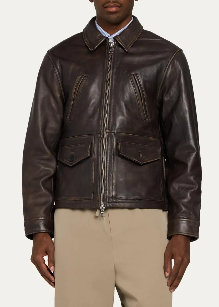 OFFICINE GÉNÉRALE Men's Vintage-Effect Leather Jacket | Thumbnail 4