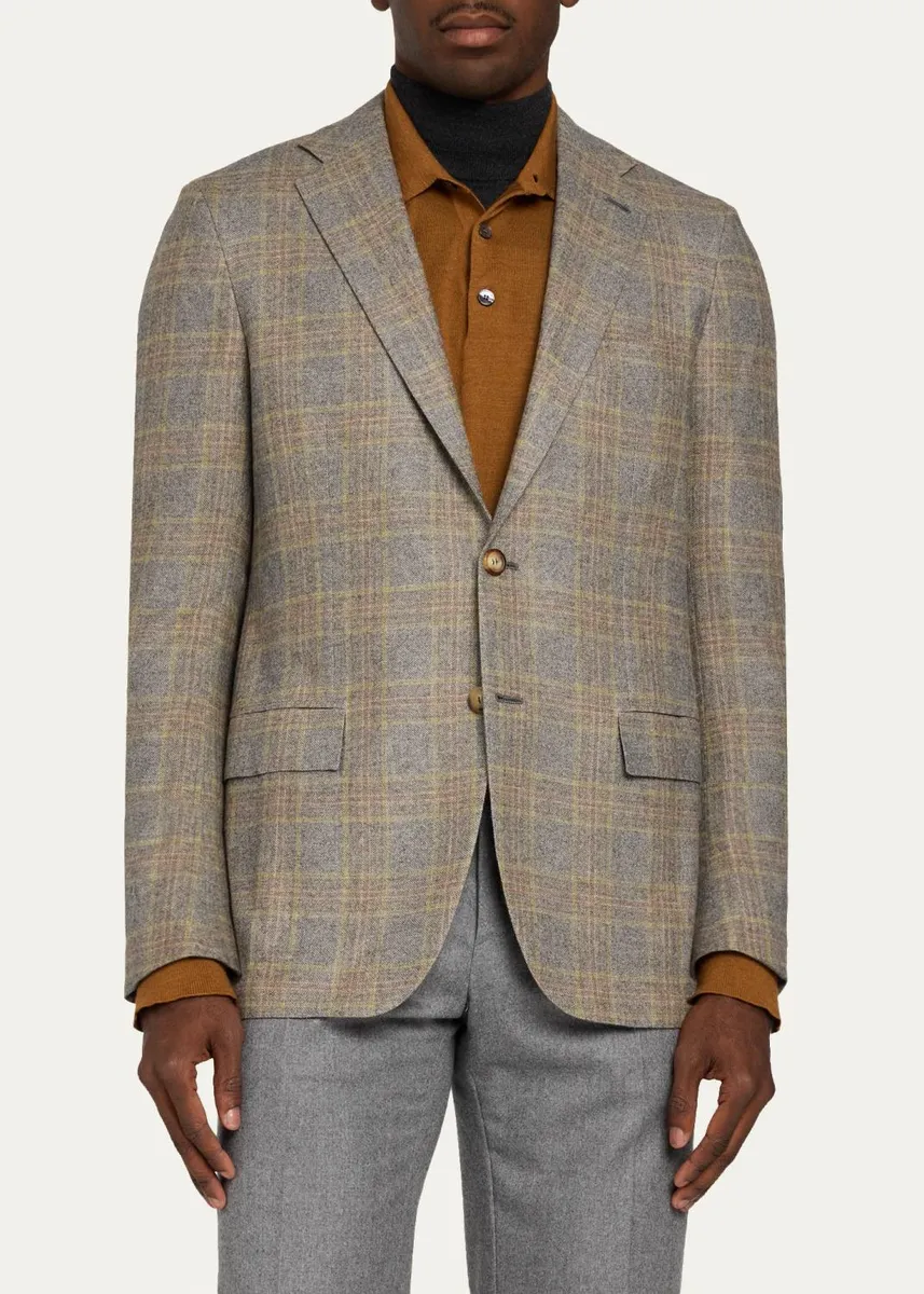 Kiton Men's Cashmere Windowpane Plaid Single-Breasted Sport Coat | Thumbnail 4 Kiton Men's Cashmere Windowpane Plaid Single-Breasted Sport Coat | Thumbnail 4
