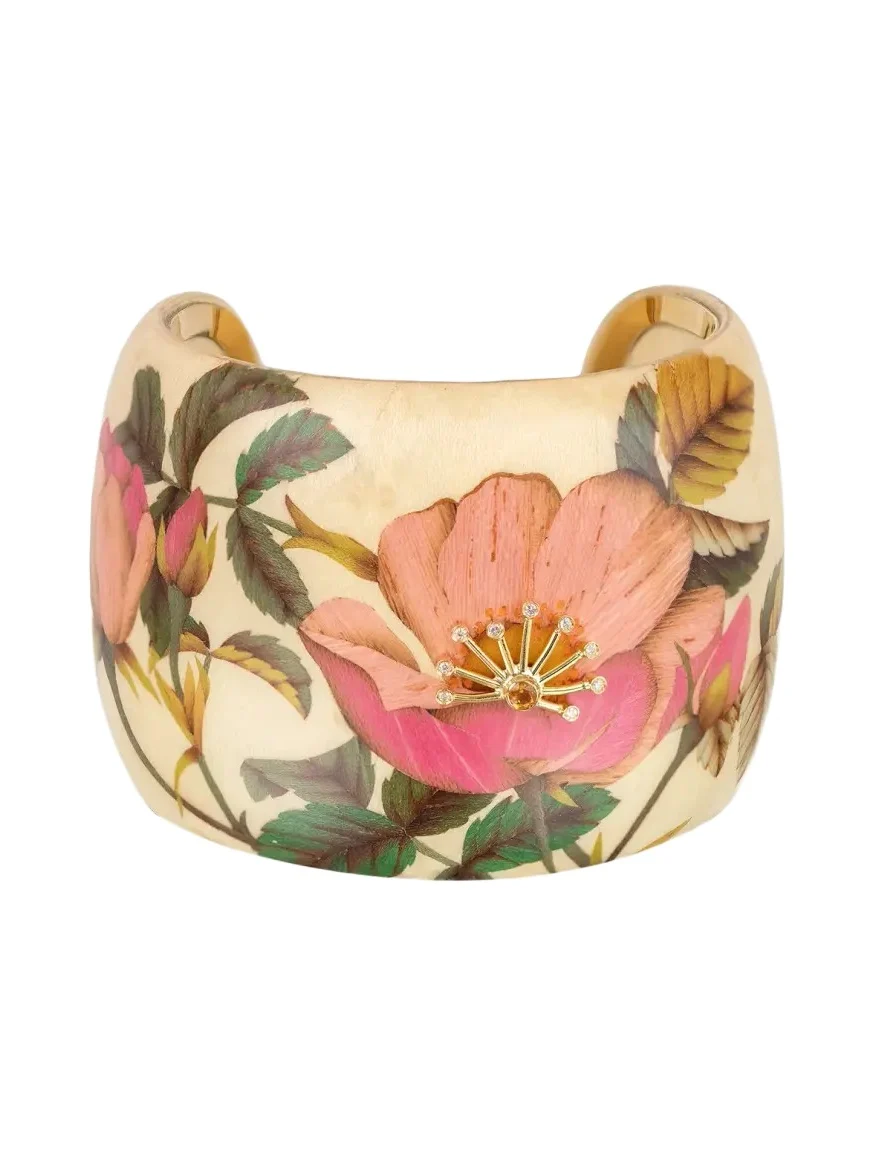 18K Pink Rose Marquetry Cuff Bracelet with Diamonds and Citrine