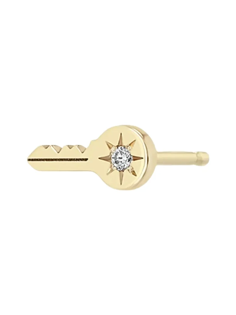 14K Itty Bitty Star Set Diamond Key Stud Earring, Single 14K Itty Bitty Star Set Diamond Key Stud Earring, Single