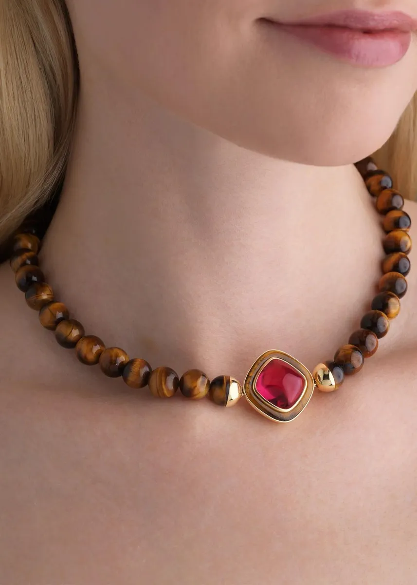 Emily P. Wheeler 18K Yellow Gold, Rubellite Cabochon & Tiger's Eye Beaded Necklace | Thumbnail 2 Emily P. Wheeler 18K Yellow Gold, Rubellite Cabochon & Tiger's Eye Beaded Necklace | Thumbnail 2