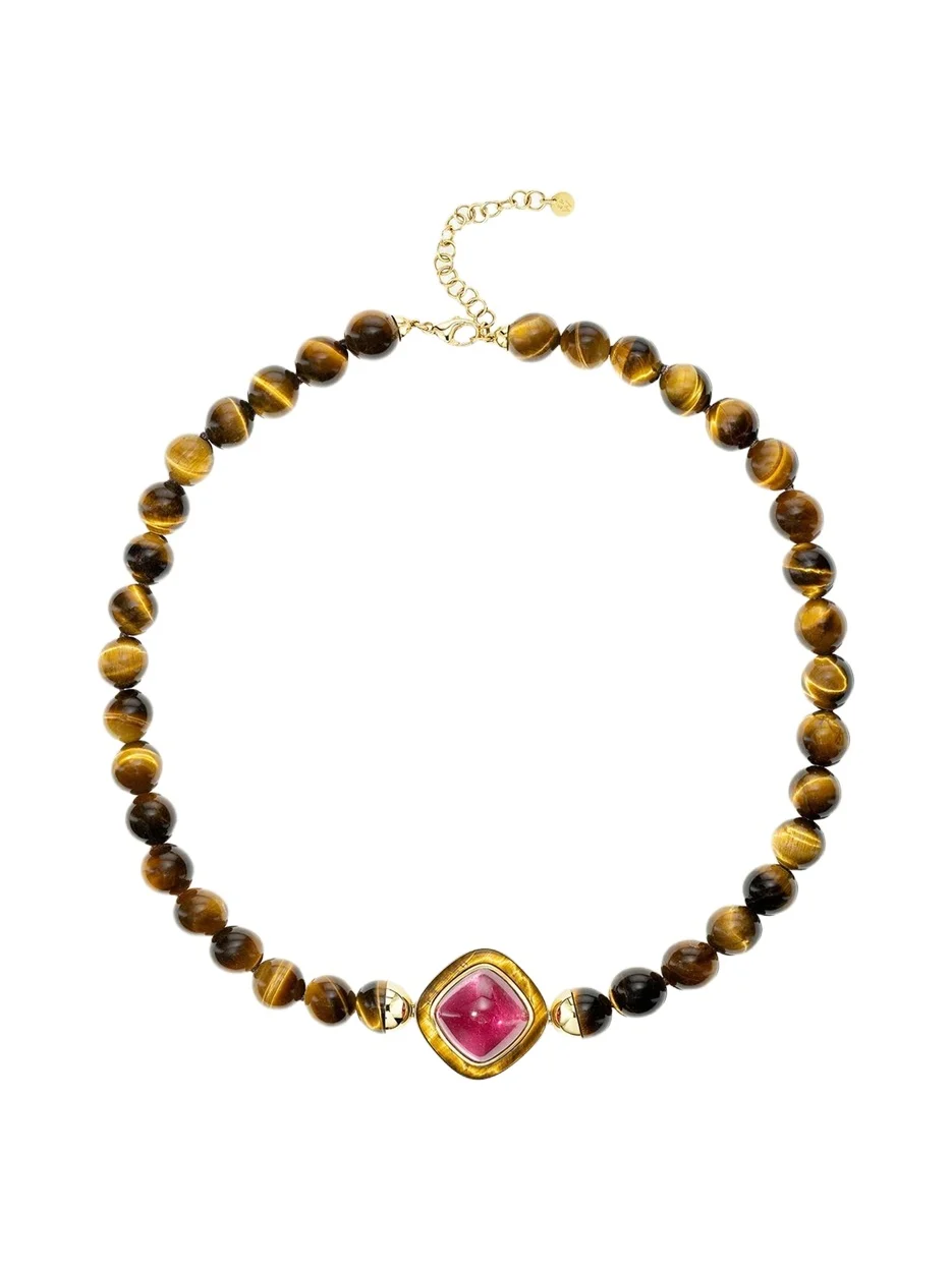 Emily P. Wheeler 18K Yellow Gold, Rubellite Cabochon & Tiger's Eye Beaded Necklace