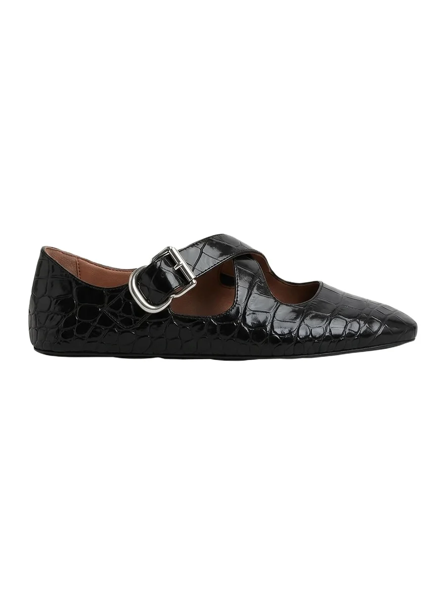 Croc-Embossed Leather Crisscross Ballerina Flats