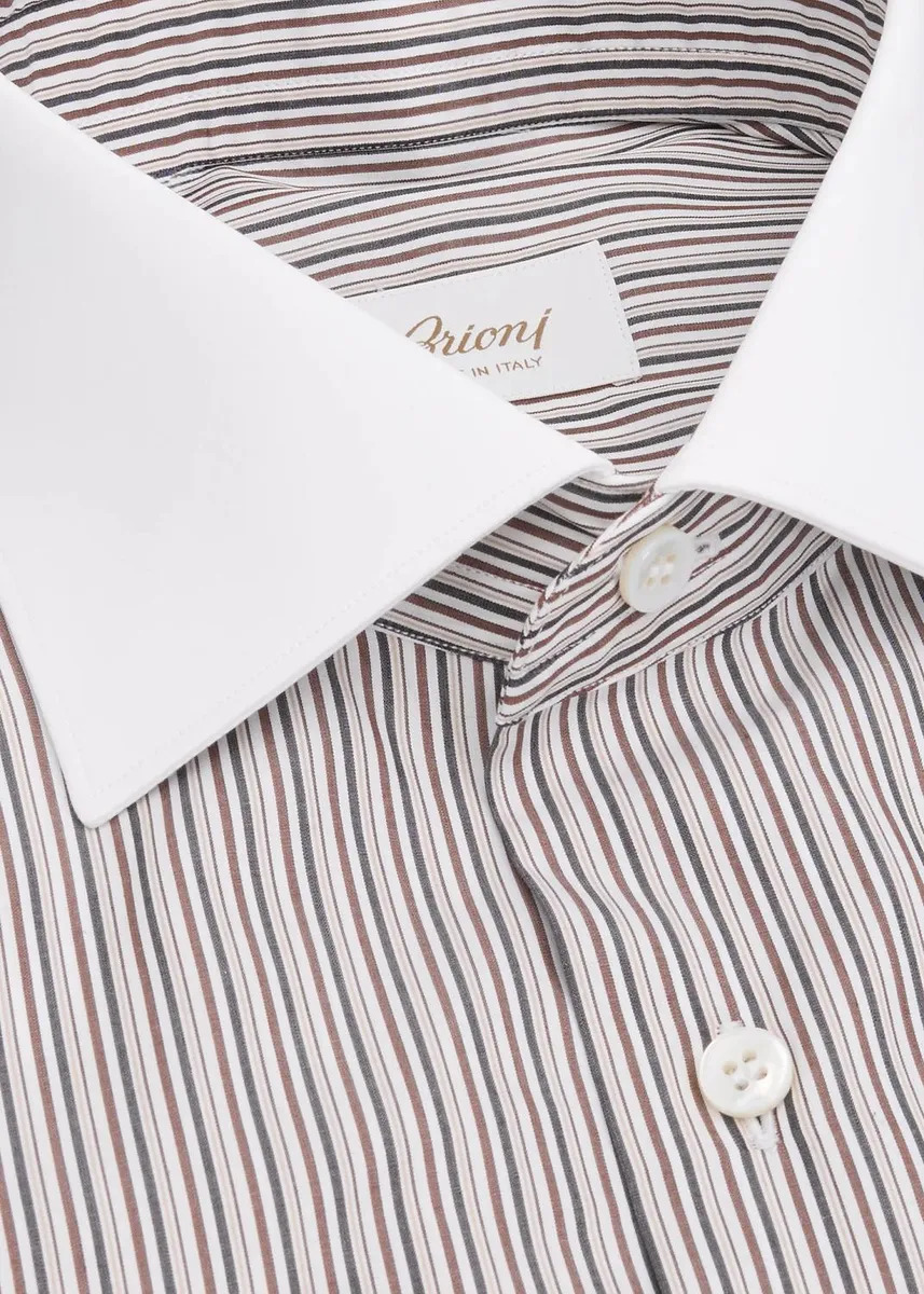 Brioni Men's Micro-Stripe Solid-Trim Dress Shirt | Thumbnail 2