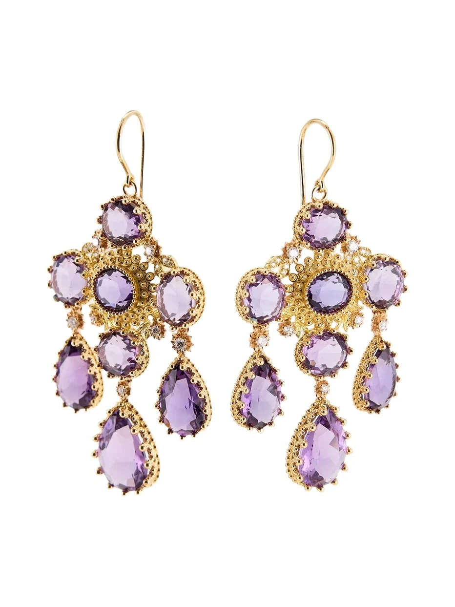 18K Yellow Gold Pierreries Purple Girandole Earrings