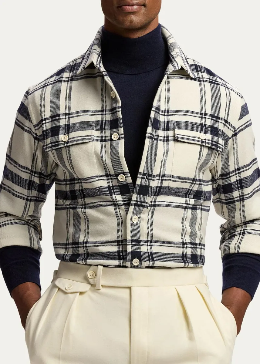 Ralph Lauren Purple Label Men's Plaid Cashmere-Cotton Shirt | Thumbnail 4 Ralph Lauren Purple Label Men's Plaid Cashmere-Cotton Shirt | Thumbnail 4