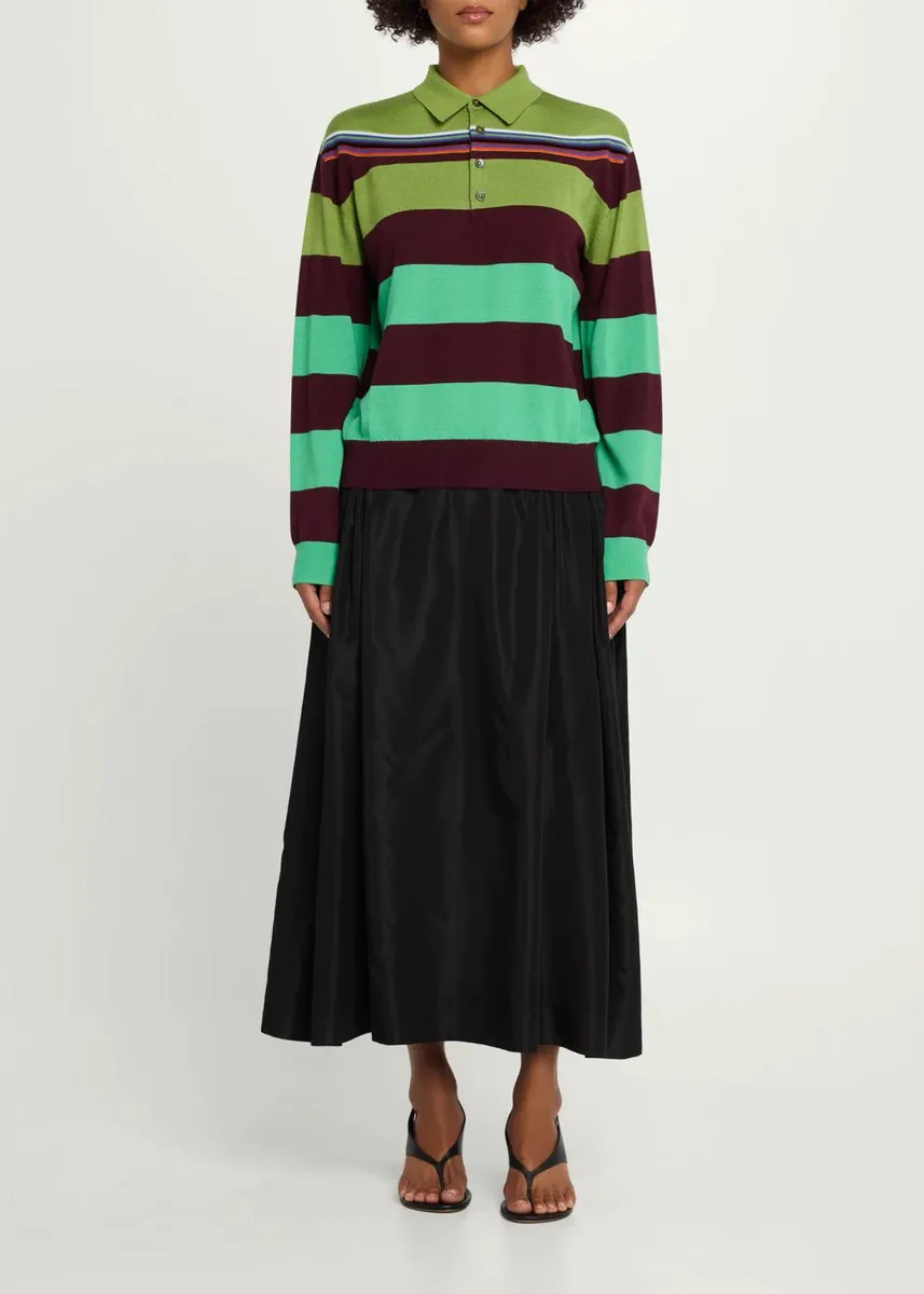 Christopher John Rogers Big Striped Wool-Silk Long-Sleee Polo Sweater | Thumbnail 2 Christopher John Rogers Big Striped Wool-Silk Long-Sleee Polo Sweater | Thumbnail 2