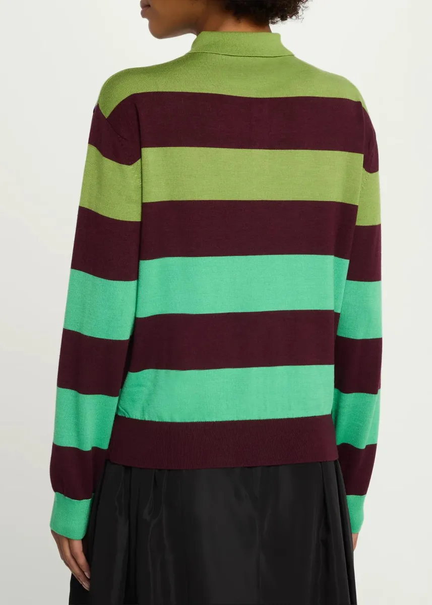 Christopher John Rogers Big Striped Wool-Silk Long-Sleee Polo Sweater | Thumbnail 3 Christopher John Rogers Big Striped Wool-Silk Long-Sleee Polo Sweater | Thumbnail 3