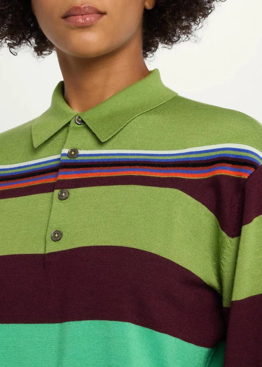 Christopher John Rogers Big Striped Wool-Silk Long-Sleee Polo Sweater | Thumbnail 5 Christopher John Rogers Big Striped Wool-Silk Long-Sleee Polo Sweater | Thumbnail 5