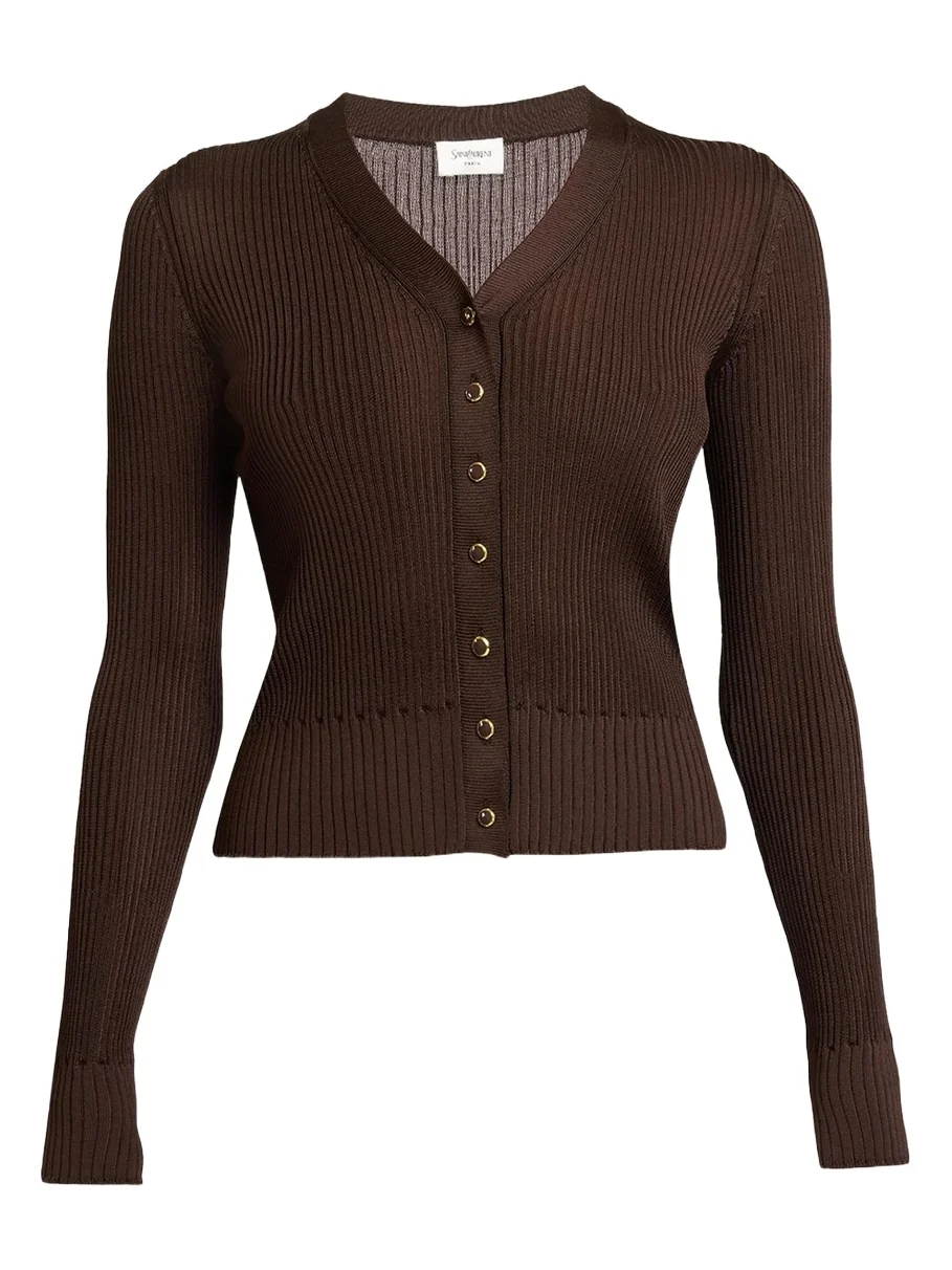 Saint Laurent Cassandre YSL Ribbed V-Neck Cardigan
