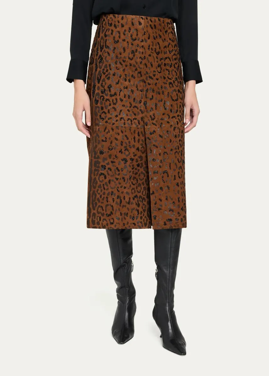 Kobi Halperin Melissa Beaded Leopard Suede Midi Skirt | Thumbnail 4