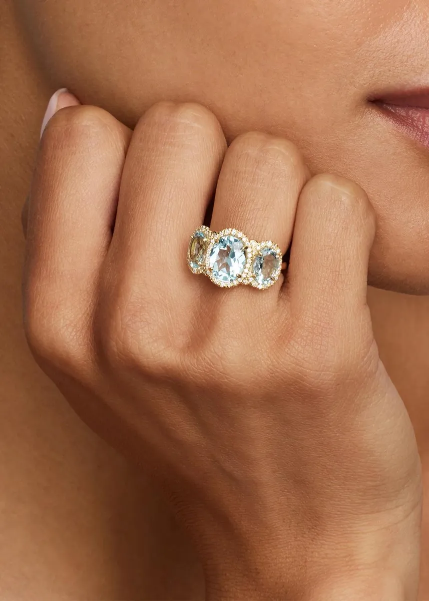 Jamie Wolf 18K Yellow Gold Sky Blue Topaz and Aquamarine Oval Ring with Diamonds | Thumbnail 2
