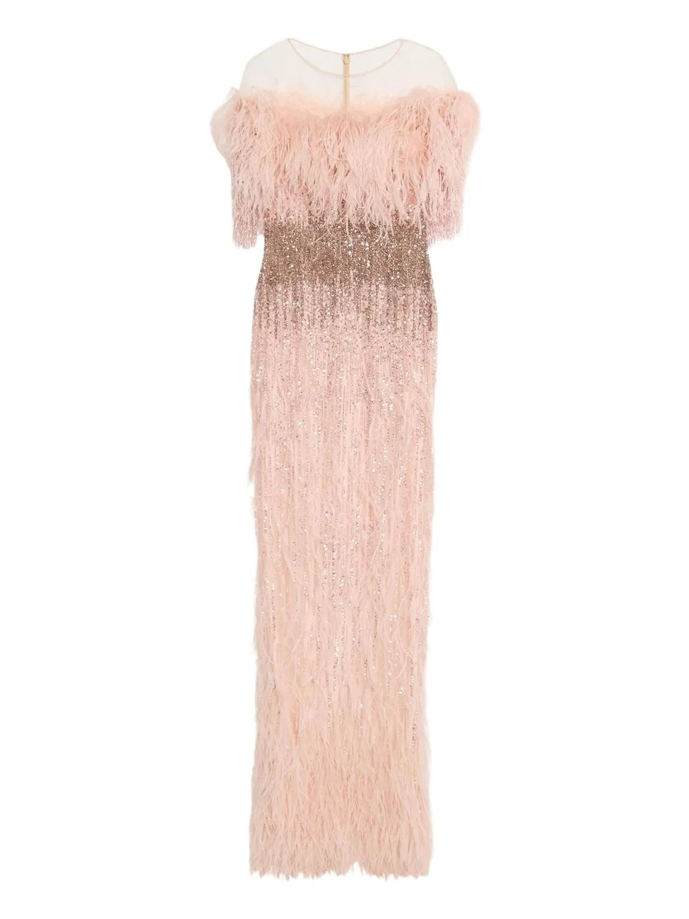 Feather Beaded Off-The-Shoulder Illusion Column Gown Feather Beaded Off-The-Shoulder Illusion Column Gown