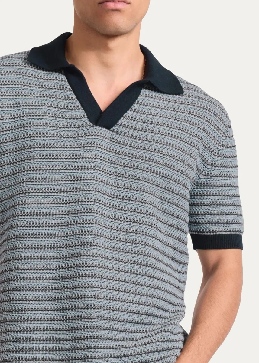 Frescobol Carioca Men's Cotton-Cashmere Stripe Knit Johnny Collar Polo Shirt | Thumbnail 3 Frescobol Carioca Men's Cotton-Cashmere Stripe Knit Johnny Collar Polo Shirt | Thumbnail 3