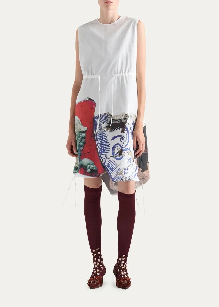 Prada Mixed-Print Cotton-Blend Drawstring Mini Dress | Thumbnail 2 Prada Mixed-Print Cotton-Blend Drawstring Mini Dress | Thumbnail 2
