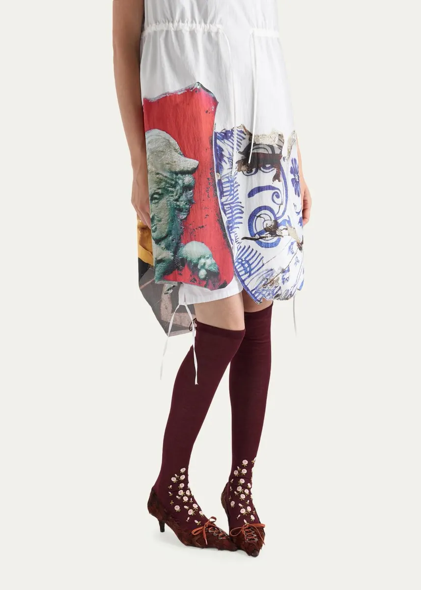Prada Mixed-Print Cotton-Blend Drawstring Mini Dress | Thumbnail 4 Prada Mixed-Print Cotton-Blend Drawstring Mini Dress | Thumbnail 4