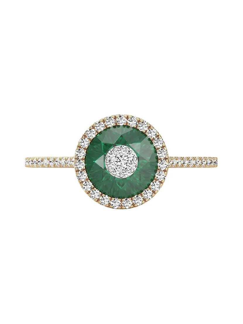 18K Yellow Gold 7mm Diamond and Emerald Fusion Ring with Halo 18K Yellow Gold 7mm Diamond and Emerald Fusion Ring with Halo