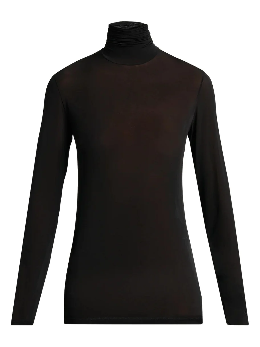Turtleneck Sheer Jersey Stretch Long-Sleeve Top