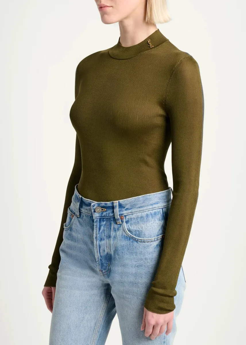 Saint Laurent YSL Mock-Neck Cote Silk Rib Sweater | Thumbnail 4 Saint Laurent YSL Mock-Neck Cote Silk Rib Sweater | Thumbnail 4