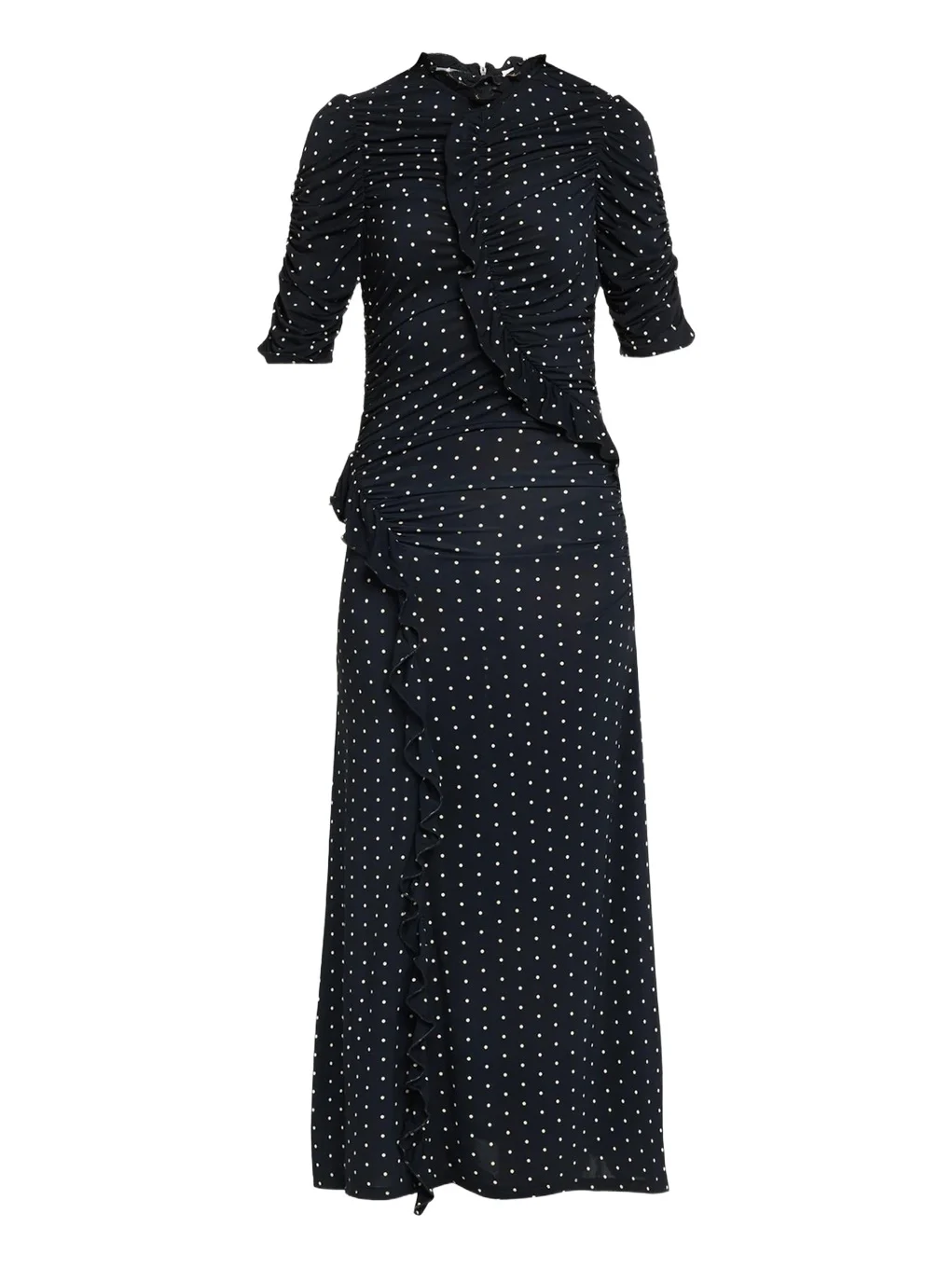 Sea Jeanne Polka Dot Ruched Ruffle Short-Sleeve Midi Dress
