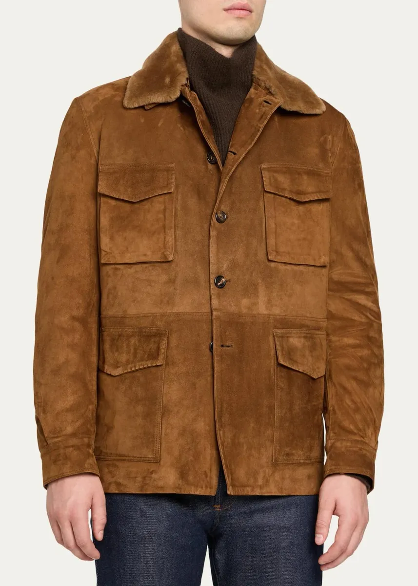 Cesare Attolini Men's Faux-Fur Collar Suede Jacket | Thumbnail 4 Cesare Attolini Men's Faux-Fur Collar Suede Jacket | Thumbnail 4