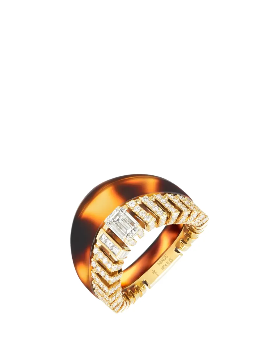 Nikos Koulis 18K Yellow Gold Emerald-Cut Diamond and Pave 77 Ring | Thumbnail 2