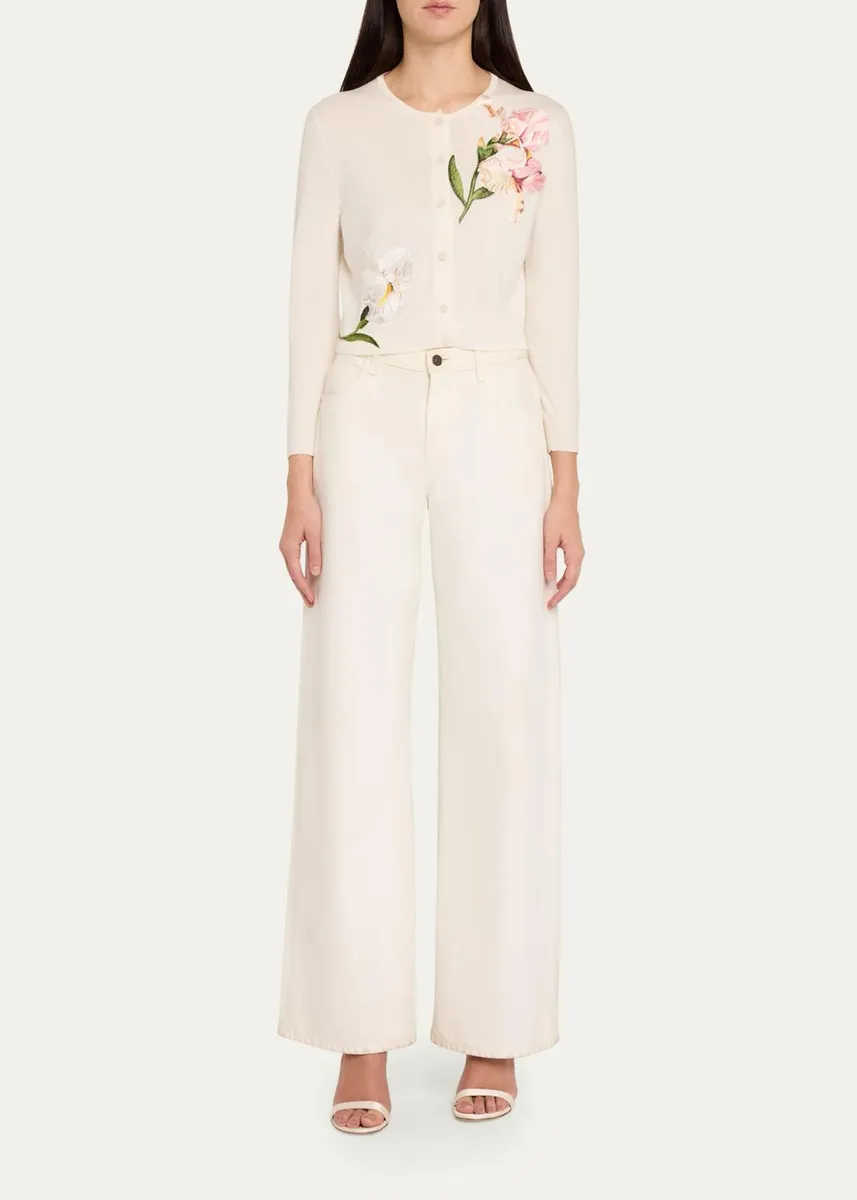 Oscar de la Renta Watercolor Iris Embroidered Crop Crewneck Cardigan | Thumbnail 2