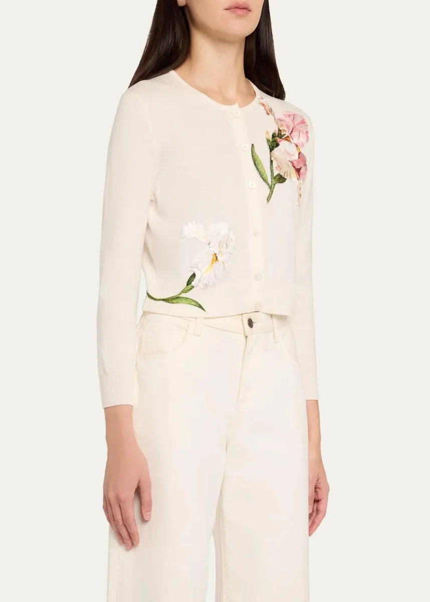 Oscar de la Renta Watercolor Iris Embroidered Crop Crewneck Cardigan | Thumbnail 4