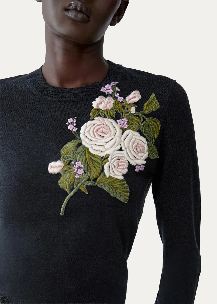 Carolina Herrera Floral Embroidered Crewneck Wool Sweater | Thumbnail 4