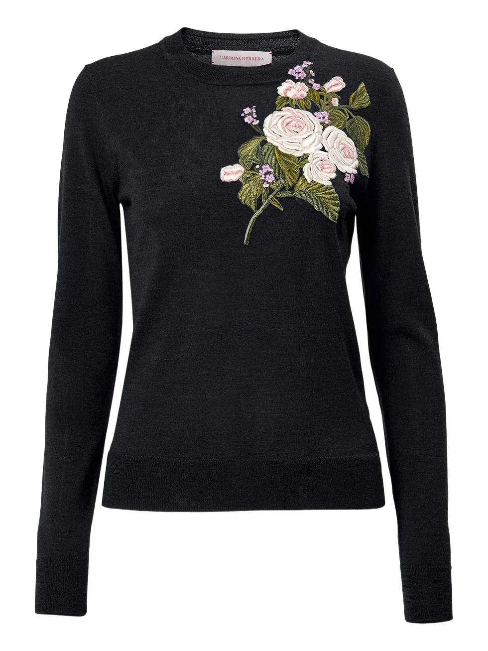 Floral Embroidered Crewneck Wool Sweater