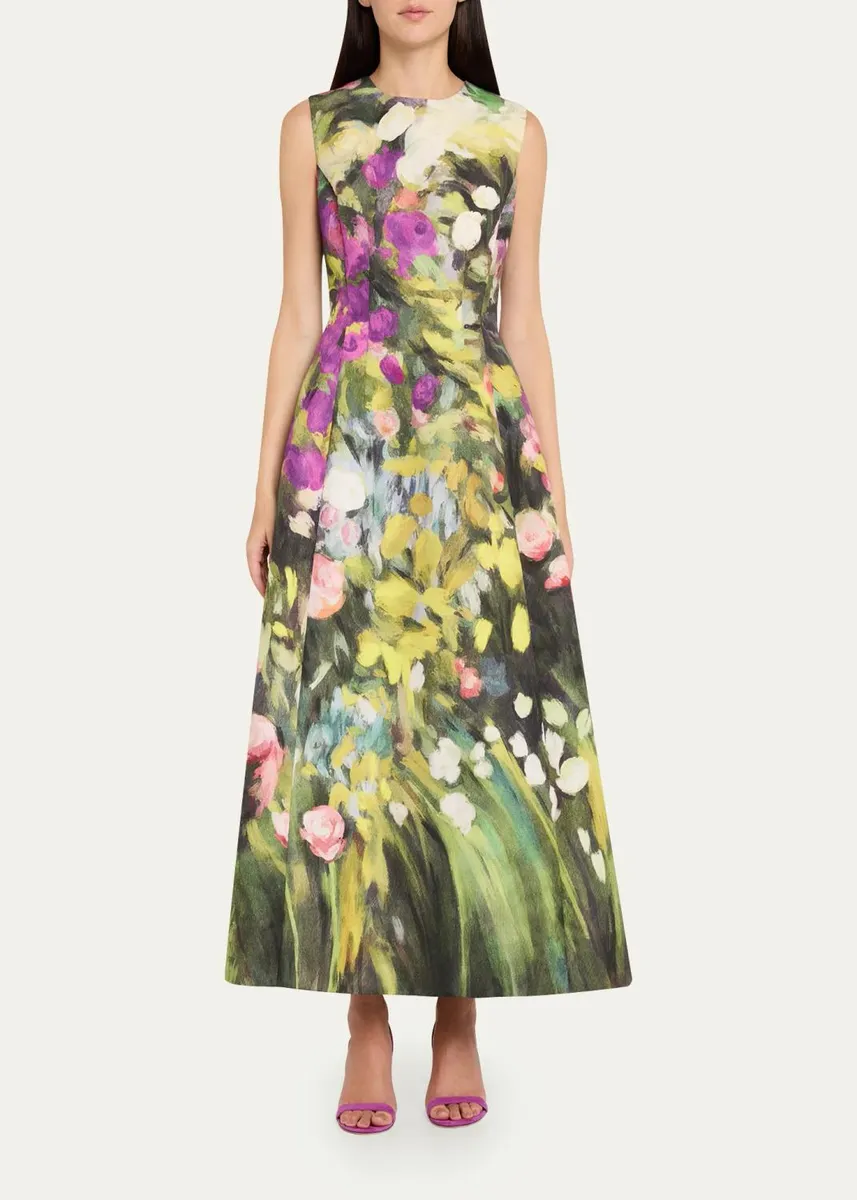 Oscar de la Renta Sleeveless Abstract Garden Faille Midi Cocktail Dress | Thumbnail 2 Oscar de la Renta Sleeveless Abstract Garden Faille Midi Cocktail Dress | Thumbnail 2