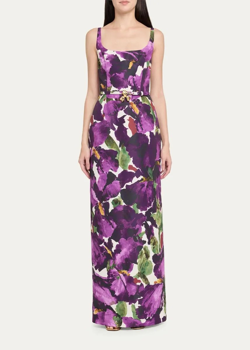Oscar de la Renta Watercolor Iris Faille Belted Sleeveless Column Gown | Thumbnail 2 Oscar de la Renta Watercolor Iris Faille Belted Sleeveless Column Gown | Thumbnail 2