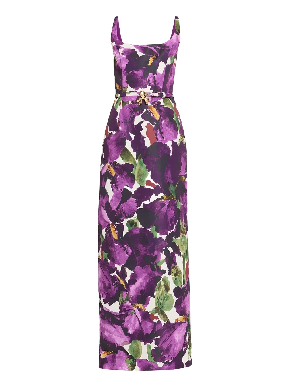Watercolor Iris Faille Belted Sleeveless Column Gown Watercolor Iris Faille Belted Sleeveless Column Gown