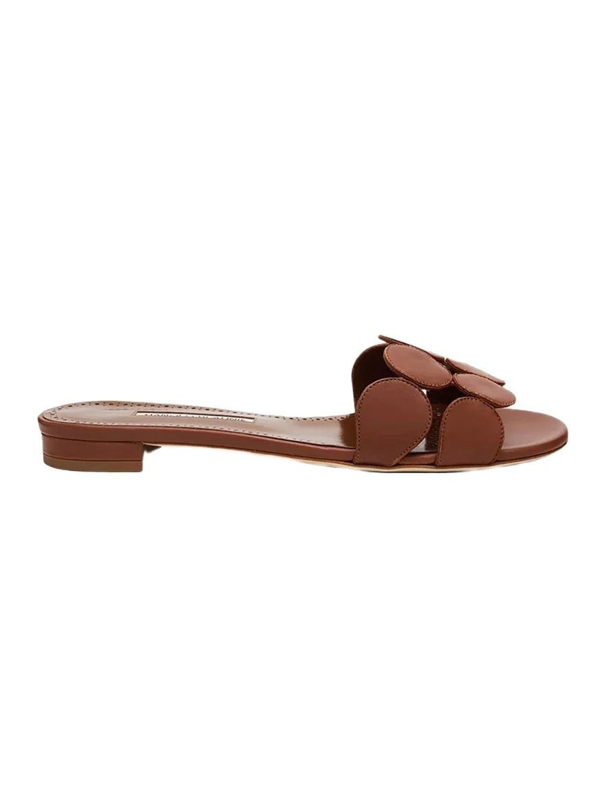 Manolo Blahnik Circle-Cut Leather Slide Sandals