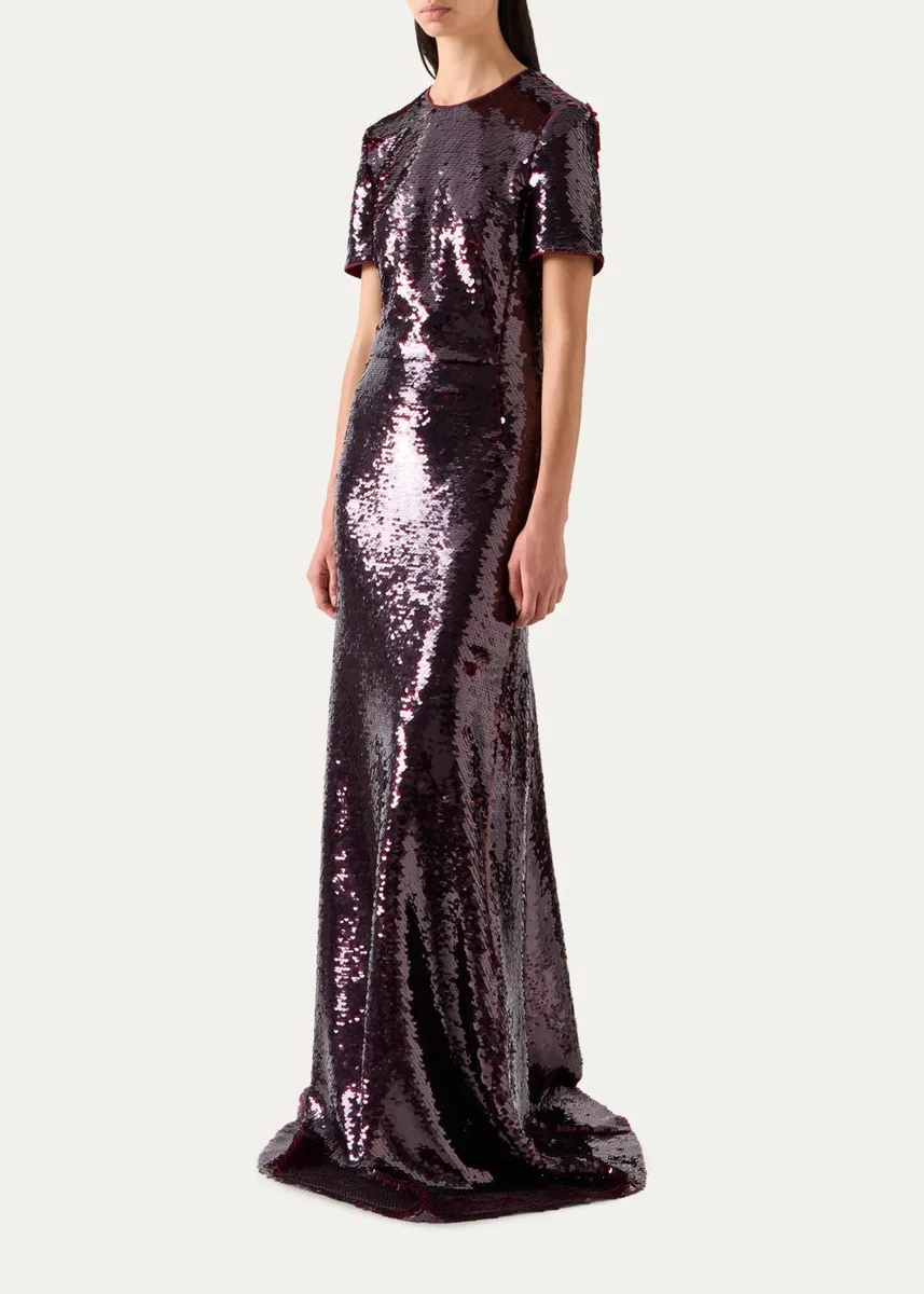 Akris Sequined Tulle Short-Sleeve A-Line Gown | Thumbnail 4
