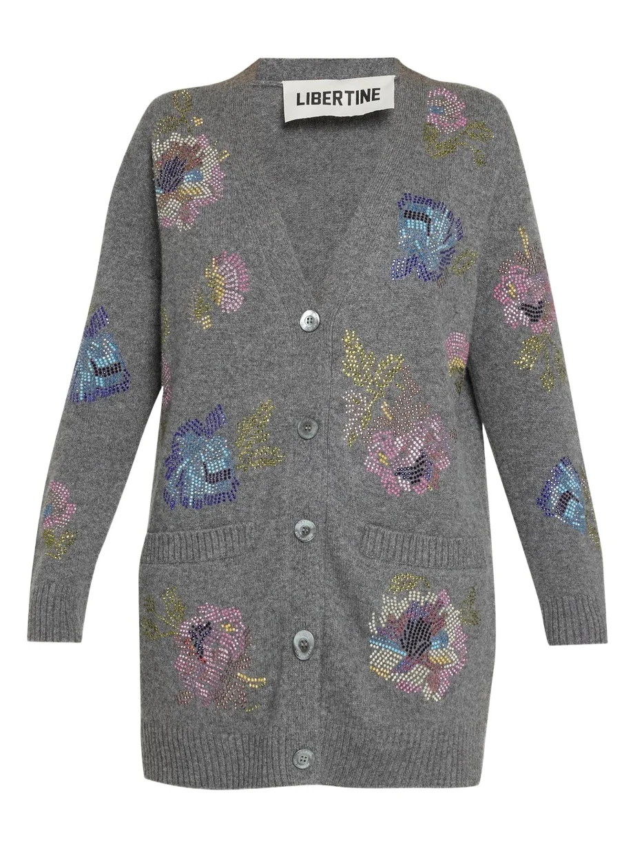 Libertine Mosaic Floral Embellished Cashmere V-Neck Cardigan