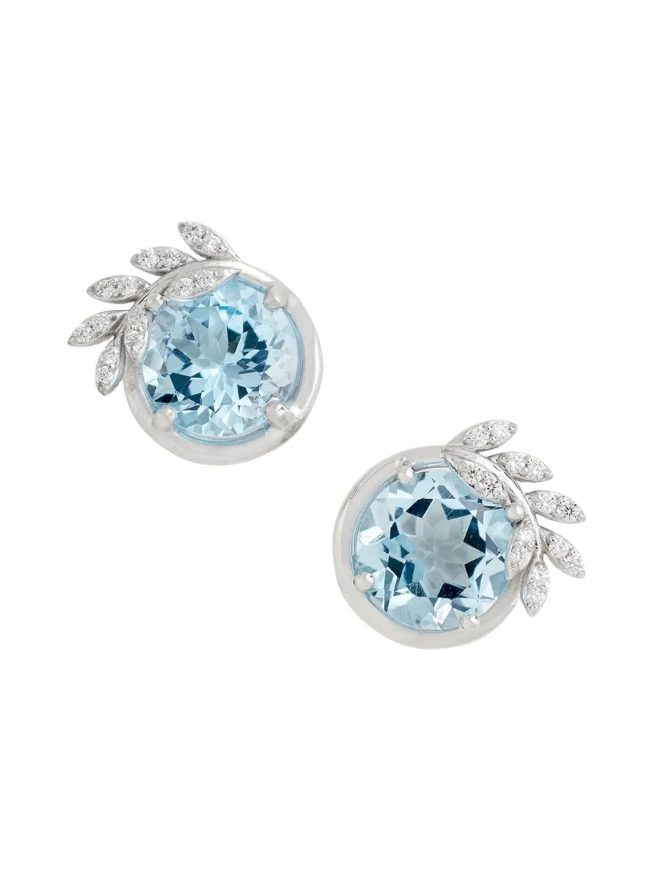 18K White Gold Diamond Vine Sky Blue Topaz Stud Earrings